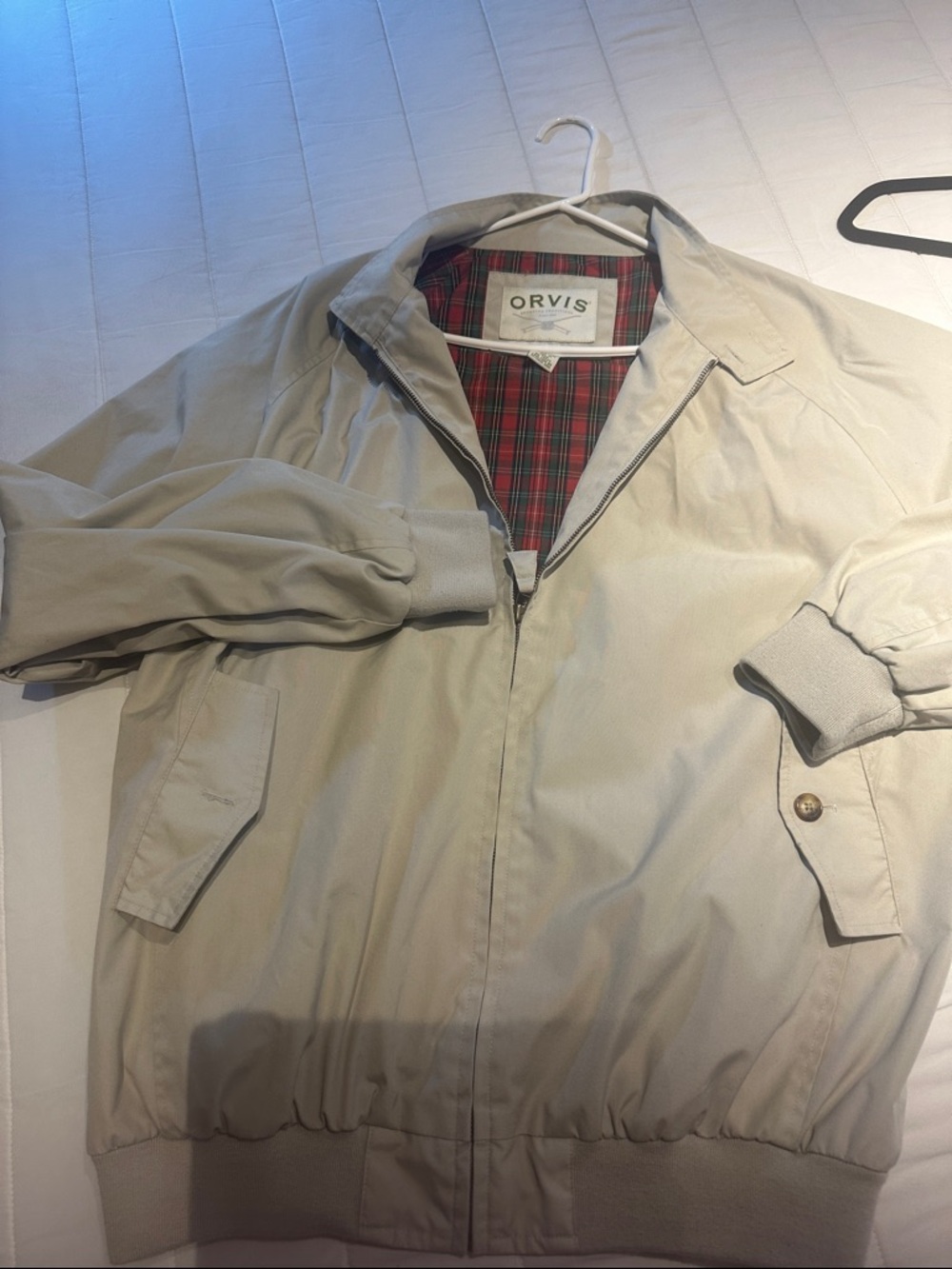 Orvis Beige Bomber Jacket with Red Tartan Lining